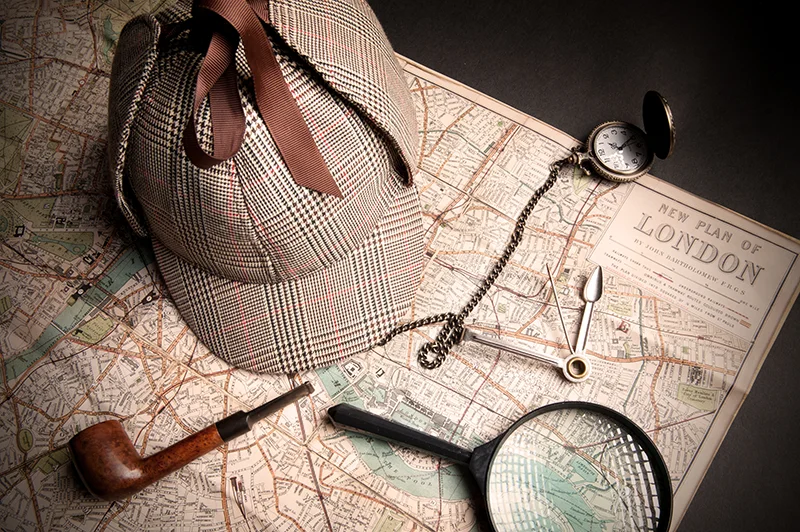detective hat, map and magnifying glass